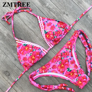 

ZMTREE Swimsuit Lace Bikini Women Floral Printed Swimwear Halter Summer Bathing Suit Bikini Set Women Micro Biquini Beachwear