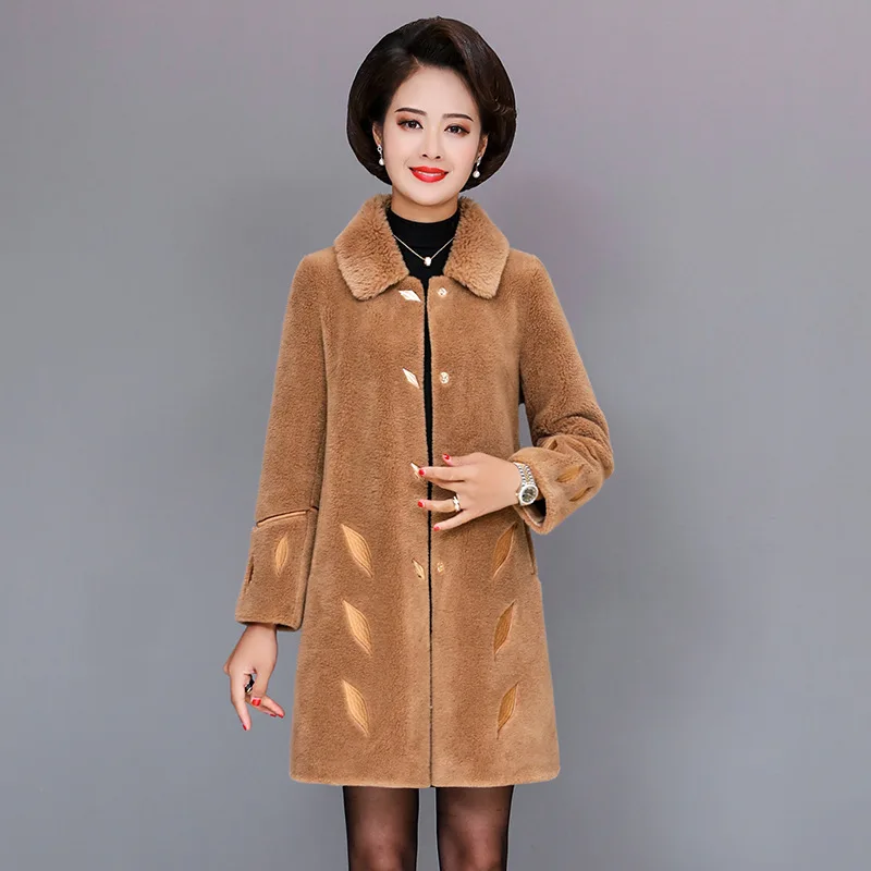 

2019 Middle-aged Women Dress Versatile New Style Fur Mid-length ke li rong Golden Leaf ke li rong Overcoat-Coat