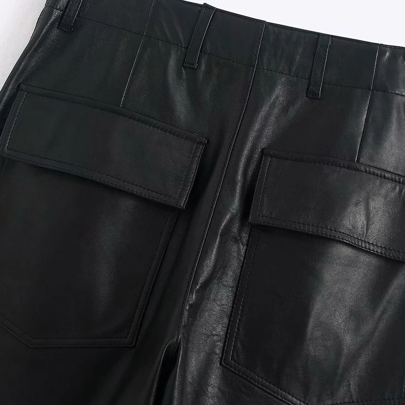 Kz990 европейские осенние весенние двойные карманы базовые черные брюки из искусственной кожи женские брюки из искусственной кожи