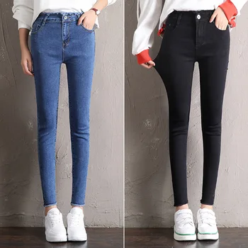 

casual skinny high waist mom jeans woman korean fashion modish long vintage black blue denim pants women 2019 new arrival