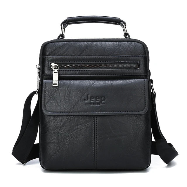 JEEP BULUO Brand Men's Crossbody Shoulder Bags High quality Tote Fashion Business Man Messenger Bag Big Size Split Leather Bags Only Bag-Black
