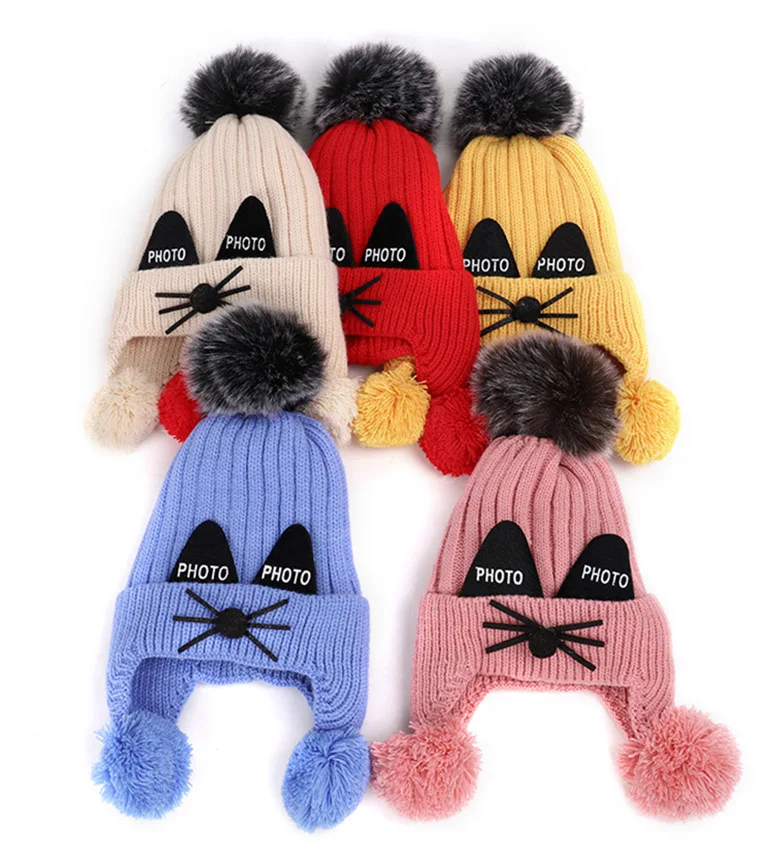 Детские мягкие головные уборы Skullies Beanies Наушники Шапки Милый хлопковый теплый вязаный свитер для детей с персонажами из мультфильмов для мальчиков и девочек шапочка "Кошка" Кепки Рождественский подарок на год