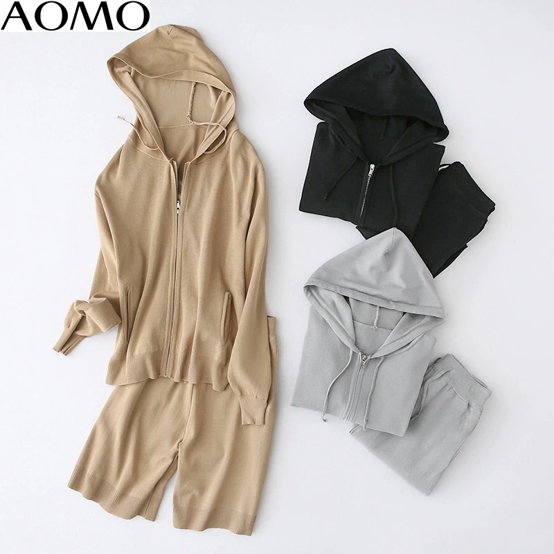 Женский трикотажный костюм AOMO однотонный в Корейском стиле на молнии с капюшоном