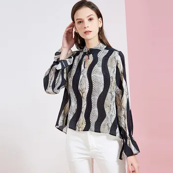 

Spring And Summer Stripe Printed Silk Blouse 2020 New Women's Irregular Pullover Shirt Long Sleeve Real Silk Blouse