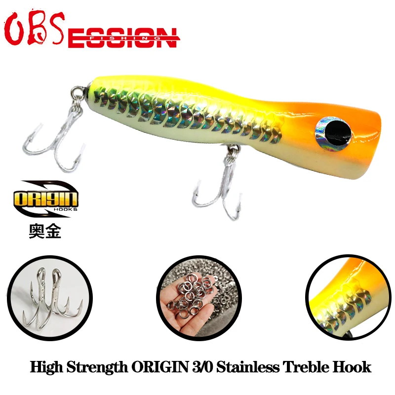 OBSESSION 65g Topwater Wooden Popper Stickbait Surface Popping Lure Deep  Sea Boat Fishing Bait Origin Hook Artificial Crankbai