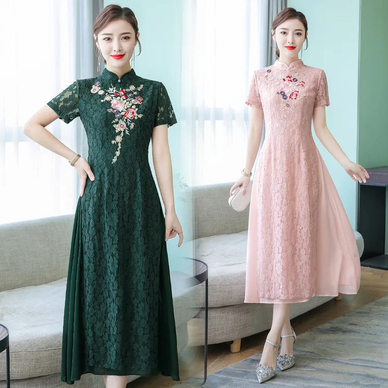 

Cheongsam nian qing kuan GIRL'S Modified Version A- line Skirt Summer Short Sleeve Embroidered Graceful Summer Cheongsam-Dress S