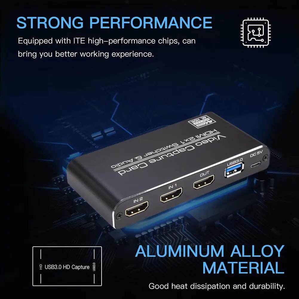 

HDMI Video Capture Card USB 3.0 2X1 Loop HDMI 4K & MIC+Audio Capture HD 1080P Board Game Record Live Streaming Local Loop Out