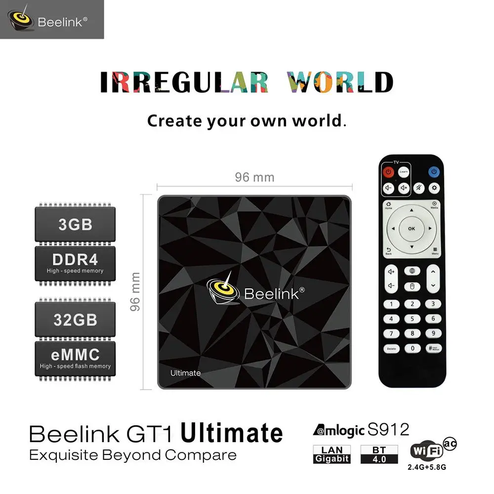 GT1 Ultimate DDR4 3GB RAM 32GB ROM Amlogic S912 Octa Core Smart Android 7.1 TV Box 2.4G 5G WIFI Bluetooth 4.0 4K HD Media Player