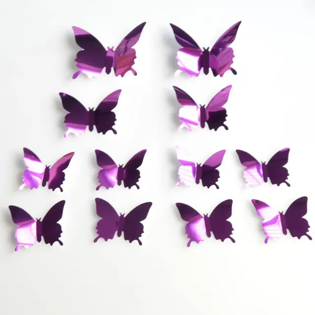 12pcs 3D Mirror Butterfly Wall Stickers Suitable for Living Room and Bedroom Ornament Personalized Home Decoration Accessories Purple 12pcs