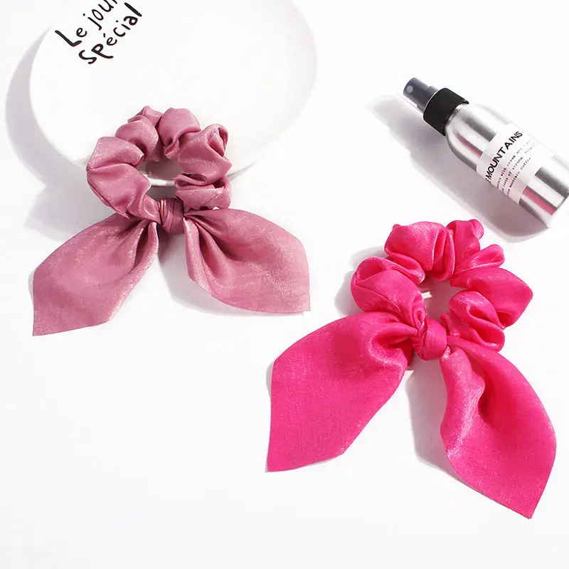 Pure Color Elastic Hair Band Rabbit Ear Bow Pearl Hair Rope Satin Ponytail Scrunchie Hair Tie For Women Headband Hair Accessorie