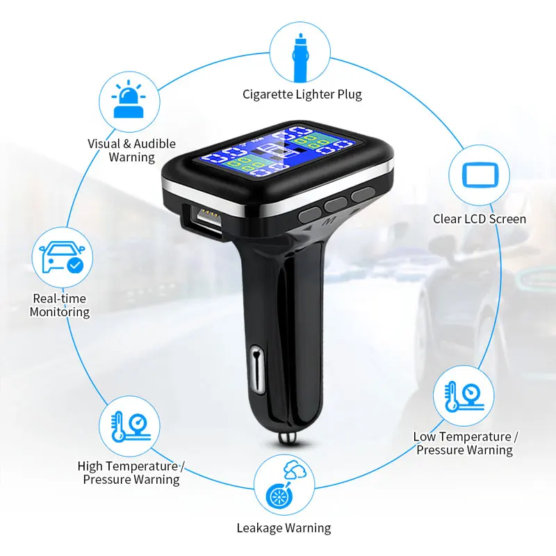 

Smart Car TPMS Wireless Tire Pressure Monitoring System igarette lighter Digital LCD Display Alarm Tyre Pressure Systems Sensor