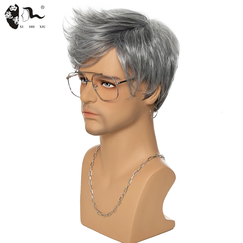 Short Male Straight Wave Synthetic Wig For Men Mixed Silver Gray Pixe Cut Toupee Wavy High Temperature Fiber Heat Resistant Wigs