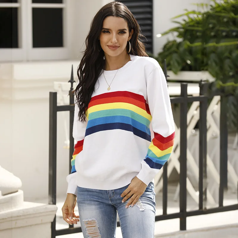 

Knitwear Sweater Women's 2020 Autumn and Winter New Student Undershirt Rainbow Striped Pullover Casual Fashion Sweater Female