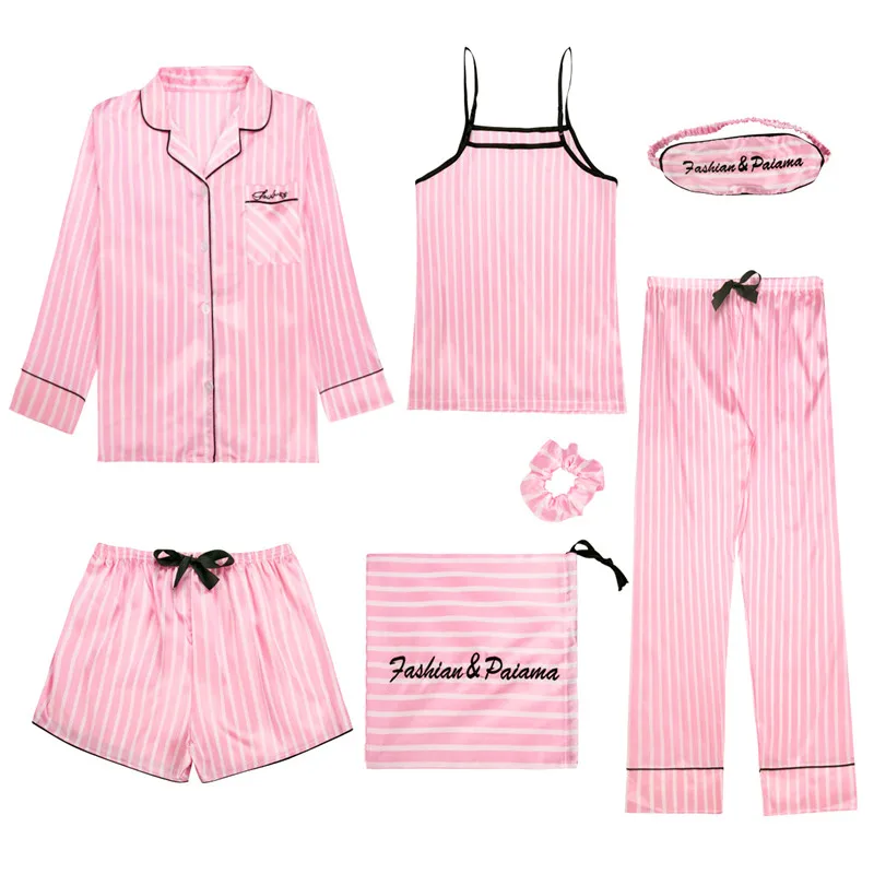 

7 Pieces Sleepwear Pajamas for Women Sexy Lingerie Pajama Set Women Satin Silk Pajamas Spring Summer Autumn Soft Sleepwear