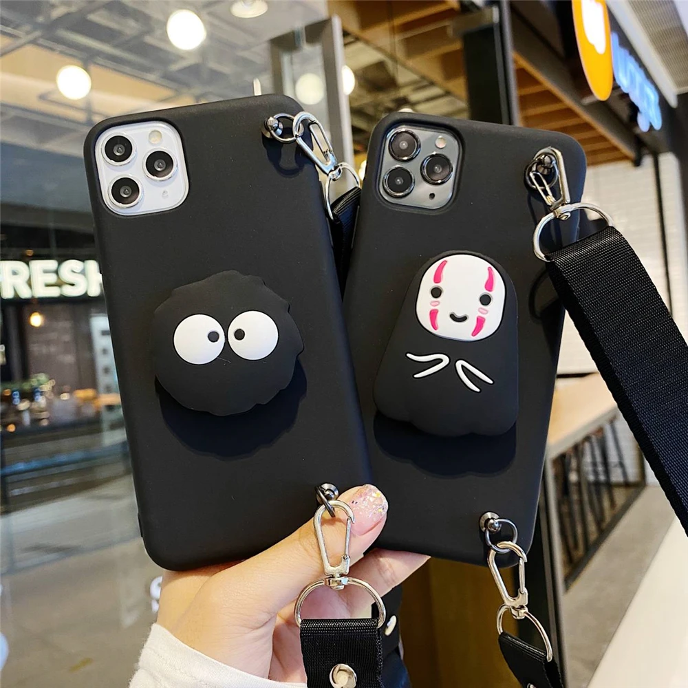 Cute Cartoon No Face Man Small Briquettes Case For Iphone 11 12 Pro X XS Max XR 8 7 Plus 3D Folding Bracket Soft Cover Lanyard