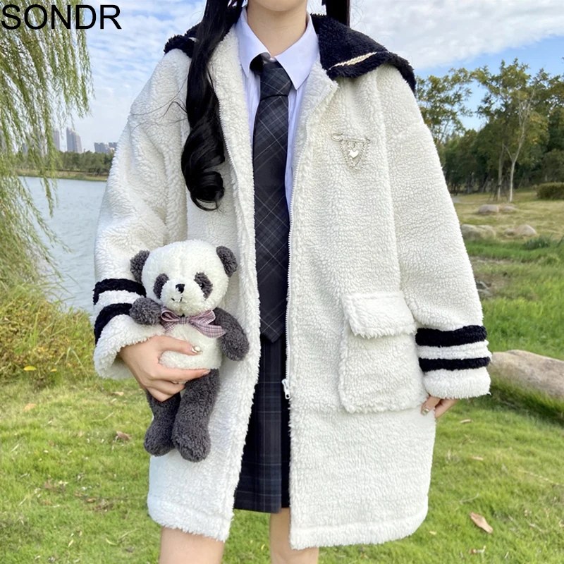 

Winter Faux Lamb Wool Coat Women Autumn New Cute College Style Soft Girl Warm Plush Zip Up Black Jacket Korea White Wild Outwear