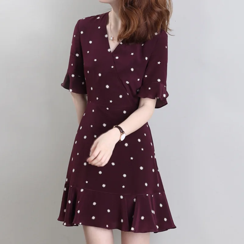 

silk dresses women natural 2020 spring summer purple star floral casual sexy dress elegant slim plus size high quality fashion