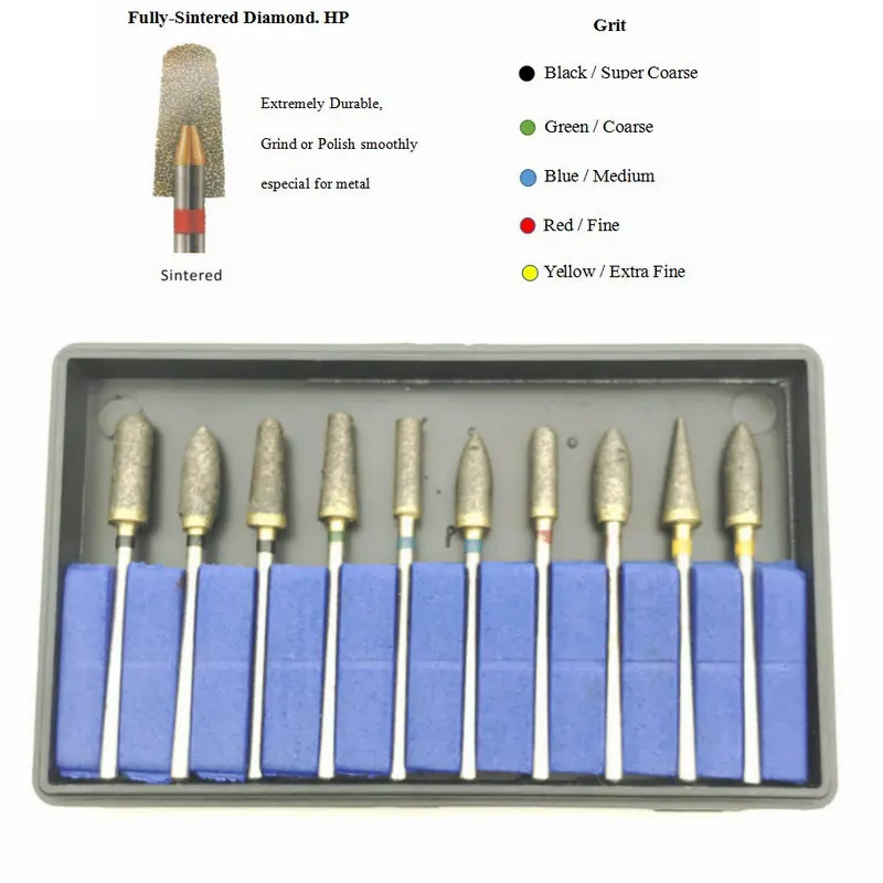 10pcs/kit Dental Universal Sintered Diamond Polisher Kits Burs Grinder for Polishing Trimming Drill 2.35mm