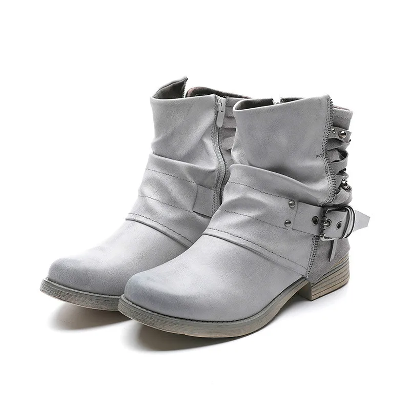 

Europe Vintage Women Boots Low Heels Buckle Cowboy Ankle Boots Fashion Casual Platform Shoes Plus Size