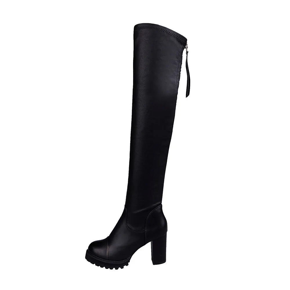 

Women boots Fashion Leather Over Knee Boots Women Toe Elastic Stretch Thick Heel Boots outdoor motorcycle street girls 19AUG8