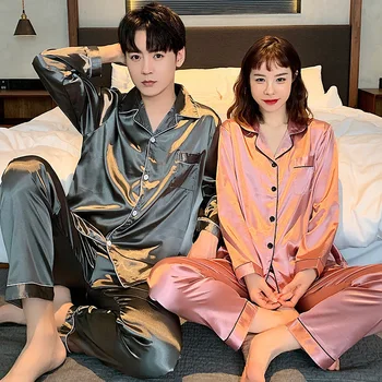 

New Style Korean-style Couples Pajamas Long Sleeve Trousers Cardigan Imitated Silk Fabric Homewear Set