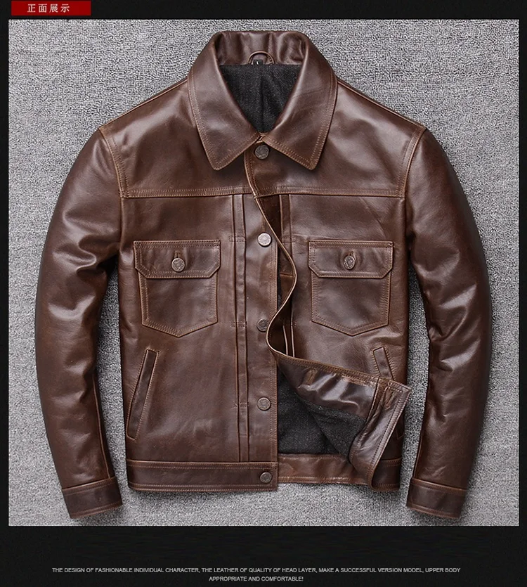 Классическая Повседневная коричневая куртка больших размеров из воловьей кожи, Мужское пальто из натуральной кожи. Короткая кожаная верхняя одежда в винтажном стиле