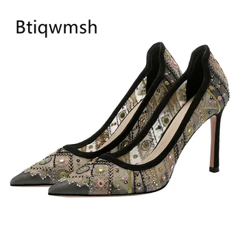 

2020 Handmade Embroidered High Heel Shoes Woman Pointed Toe Mesh Pumps Lady Fashion Party Shoes