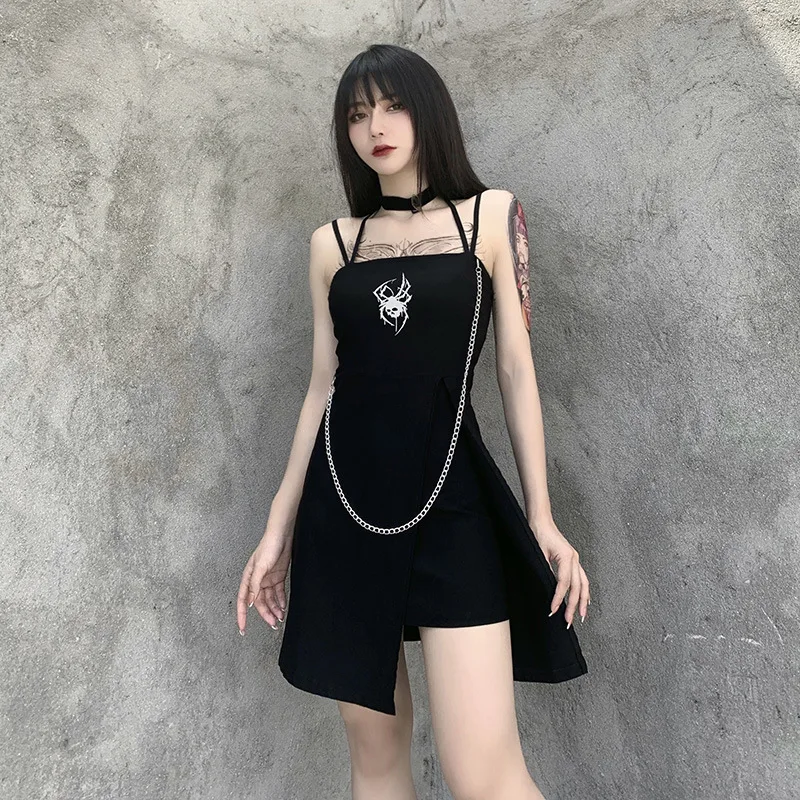 Black Goth Woman Cool Spider Print Dress Chains Empire Sleeveless Dresses Split Hip Irregular Length Strap Long Metal 2020 Lady