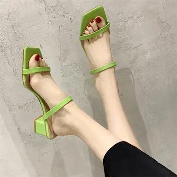 

Concise Narrow Band High Heel Slippers Women Summer Square Heel Shoes Fashion Outdoor Open Toe Slides Women 2020 new