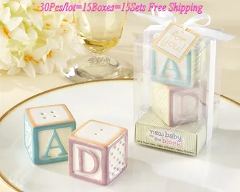 

30pcs/lot(15sets) Baby souvenirs of New Baby on the Block Ceramic ABCD Blocks Salt Pepper Shakers For baby Birthday Party Gifts