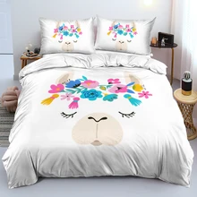

Cute Animal Bed Linen Set White Quilt Cover Cartoon Alpaca Bedding Sets Twin Double Queen King Size Duvet Cover Set for Girls
