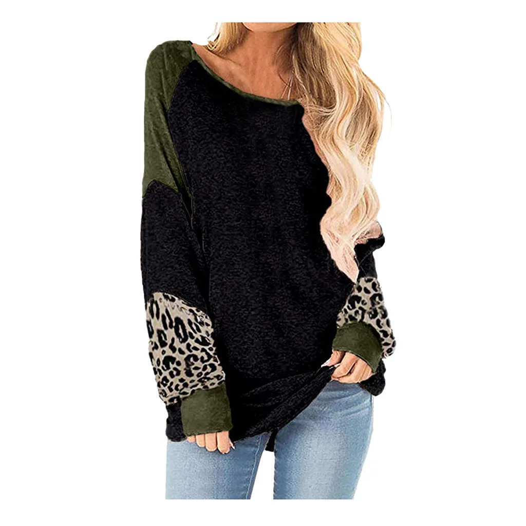 2019 ladies leopard solid color stitching long-sleeved shirt sweater 
