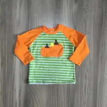 Осенне-зимние футболки с маркой бутика для маленьких мальчиков на Хеллоуин, одежда хлопковый топ в полоску с тыквой, детские футболки с длинными рукавами