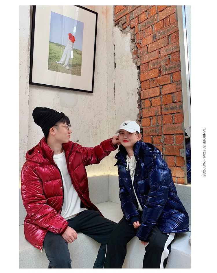 Одежда с хлопковой подкладкой для пар, Зимний стиль, свободный Яркий пуховик с капюшоном, хлопковое пальто A471