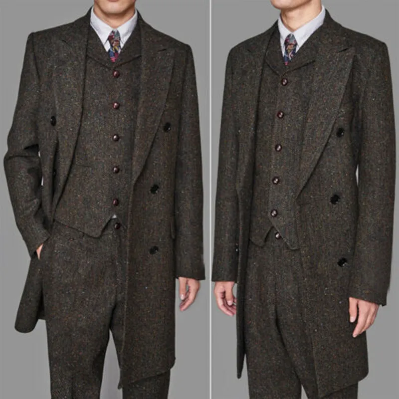 Vintage Men's Herringbone Suits Tailor-Made 3pcs Wool Blend Long Blazer Overcoat Double Breasted Formal Prom suits Tailored