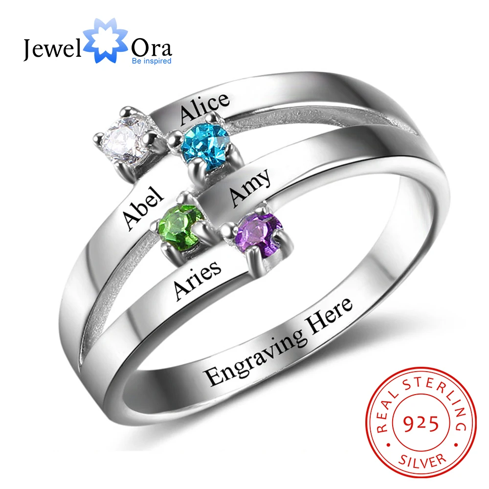 

925 Sterling Silver Friendship & Family Ring Engrave 4 Names DIY Custom Birthstone Gift For Moms (JewelOra RI102510)