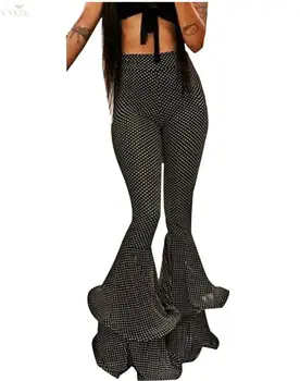 

New Autumn Winter Dot Print High Waist Pants Ruffles Flare Pants Women Trousers Skinny Long Leggings Sexy Night Clubwear Bottoms