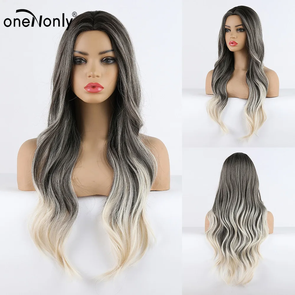 

oneNonly Synthetic Wigs Ombre Black to White Long Body Wave Wig for White Black Women Heat Resistant Natural Wig Wholesale
