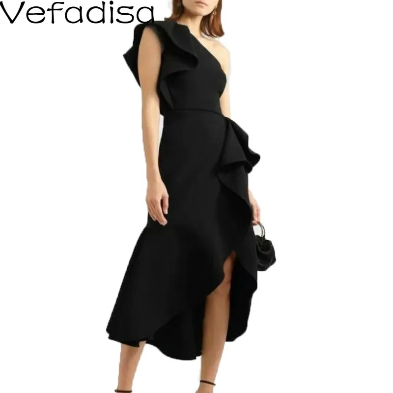 

Vefadisa Spring One-Shoulder Dress Women 2020 Ruffles Patchwork Solid Sleeveless Dress High Waist Irregular Dress Black QYF1746