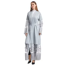 

Black/Blue/Gray Embroidered Lacing Muslim Dress With Belt Dubai Long Skirt Women Loose Islam Clothing Open Cardigan Size S-XXXL