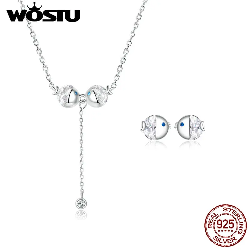 

WOSTU 100% 925 Sterling Silver Kissing Fish Stud Earrings and Necklace Jewelry Sets For Women Fashion Silver 925 Jewelry XCS152