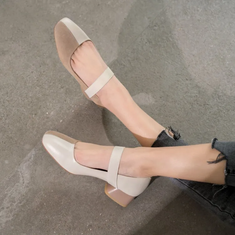 

High-End Quality Pq527-3 Genuine Leather Low-Cut Mixed Colors Mary Jane Square Head Chunky-Heel Shoes