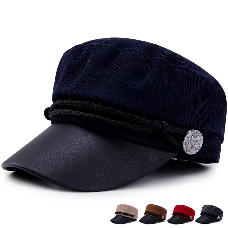 

Hat All Seasons Navy Cap Women's England Retro Beret Men's PU Leather Seal Flat Cap Student Cap