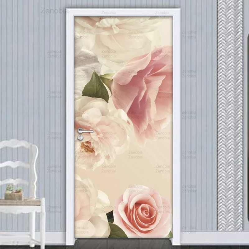 

Creative Pvc Wallpaper Door Sticker Pink Rose Flower Self Adhesive Print Mural Diy Decal Renew Art Picture Home Decor Girls Room