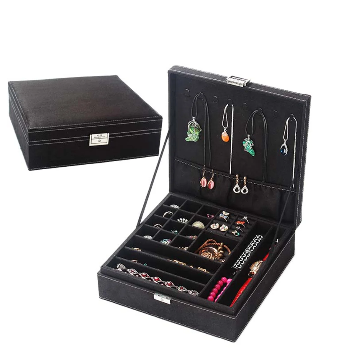 26x26x9cm black LASPEAL Автоматическая трехслойная кожаная шкатулка для хранения ювелирных изделий, коробка для женщин, серьга, кольцо, шкатулка для украшений, косметический Органайзер - Цвет: 26x26x9cm black