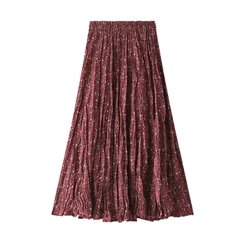 

Korean Spring Summer Pleated Midi Skirt Female Long Skirts Adjustable-Waist Mid-Calf A-Line Lady High Waist Floral Skirt Women