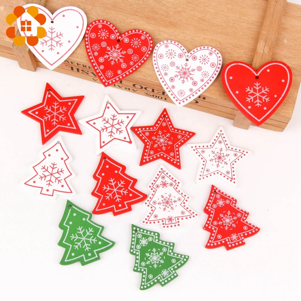 

10pcs/lot Colorful Printed Wood Chips Pendants Christmas Tree Decorations Heart Star XMAS Tree Ornaments Wooden Crafts DIY Decor