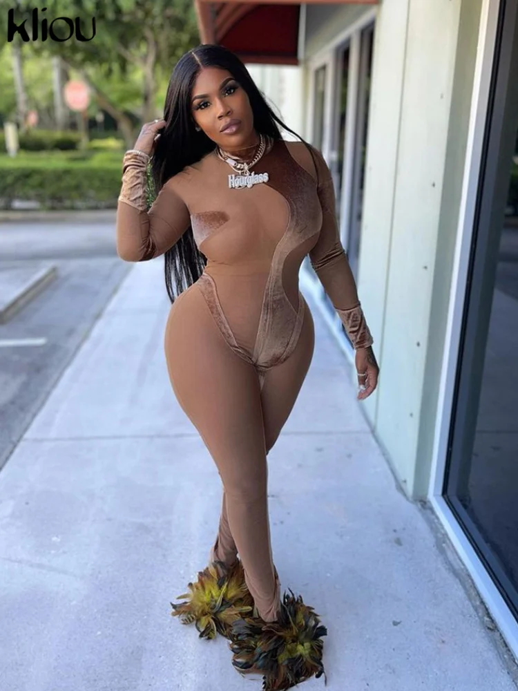 Kliou Stitching Mesh Jumpsuit Women Sexy See Through Irregular Shape Midnight Style One Pieces Sheath Slim Female Clubwear Hot |