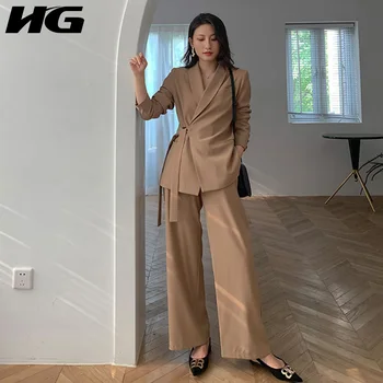 

HG Vintage Elegant Waist Bandage Women Blazer British Style Two Piece Set Leisure Suit Pants Autumn Women Clothes 2019 XJ1953