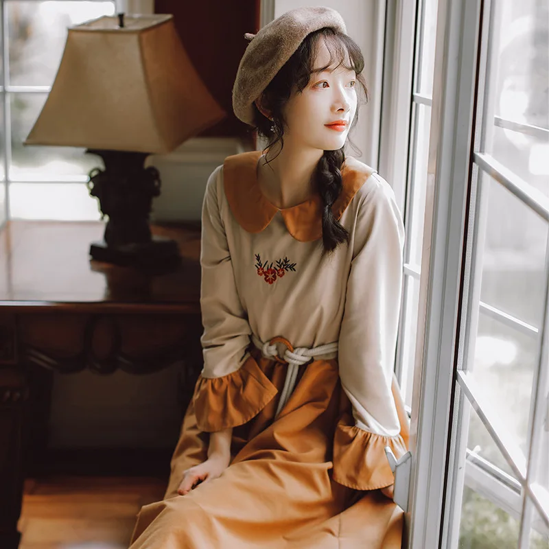 

2019 new fashion women's Temperament dress sweet peter pan collar vestidos French retro